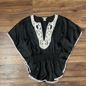 Black satin Blouse Crochet Lace Trim Vneck Flowy Batwing Sleeves Women M Boho